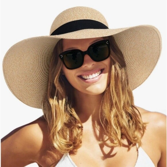 FURTALK Wide Brim UPF 50+ Sun Protection Straw Hat In Tan With Black Ribbon Sz L - Picture 1 of 8
